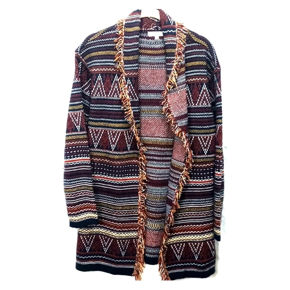 Geometric Fringe Open Front Cardigan